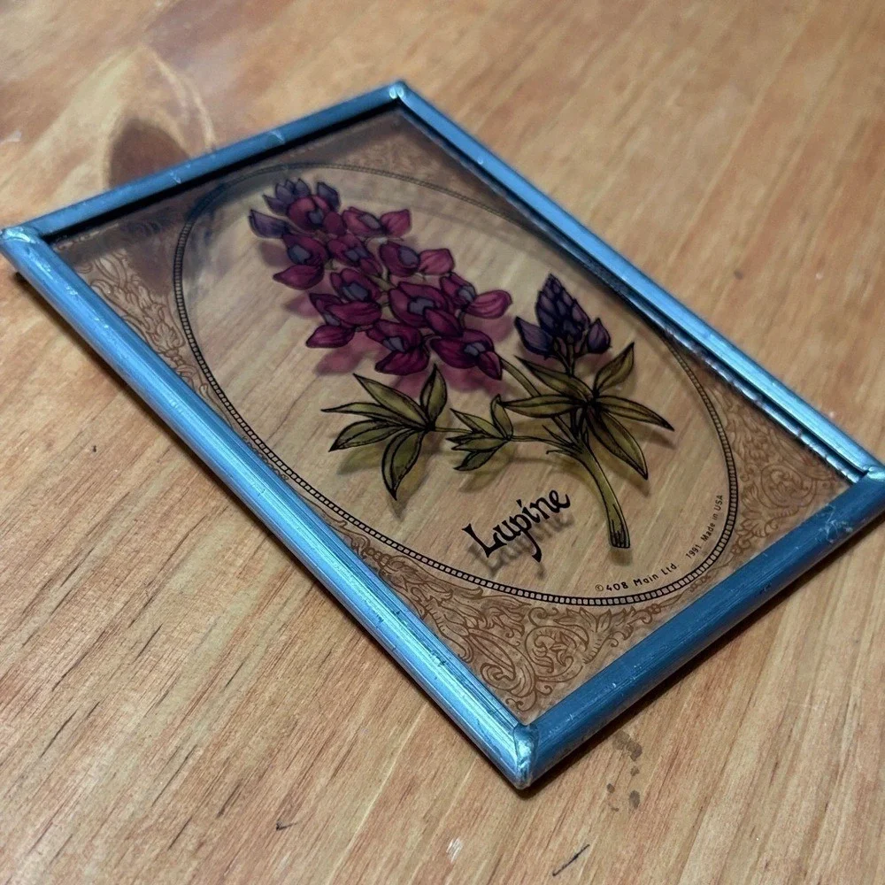 Vintage Lupine Floral Art Painted‎ Glass Sun Catcher w/ Metal Border 5.25